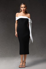 Sara Midi Dress - Sleeveless - Off The Shoulder - Bow Bandage - Sleek Silhouette - Luxurious Fit Feel