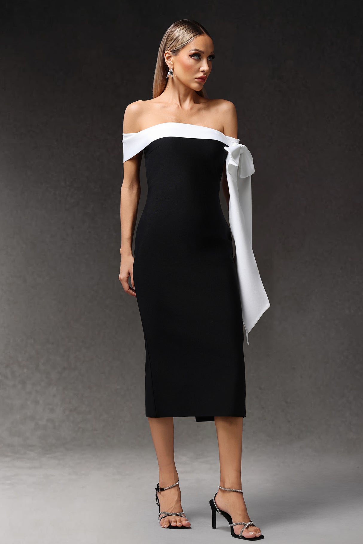 Sara Midi Dress - Sleeveless - Off The Shoulder - Bow Bandage - Sleek Silhouette - Luxurious Fit Feel