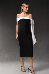 Sara Midi Dress - Sleeveless - Off The Shoulder - Bow Bandage - Sleek Silhouette - Luxurious Fit Feel