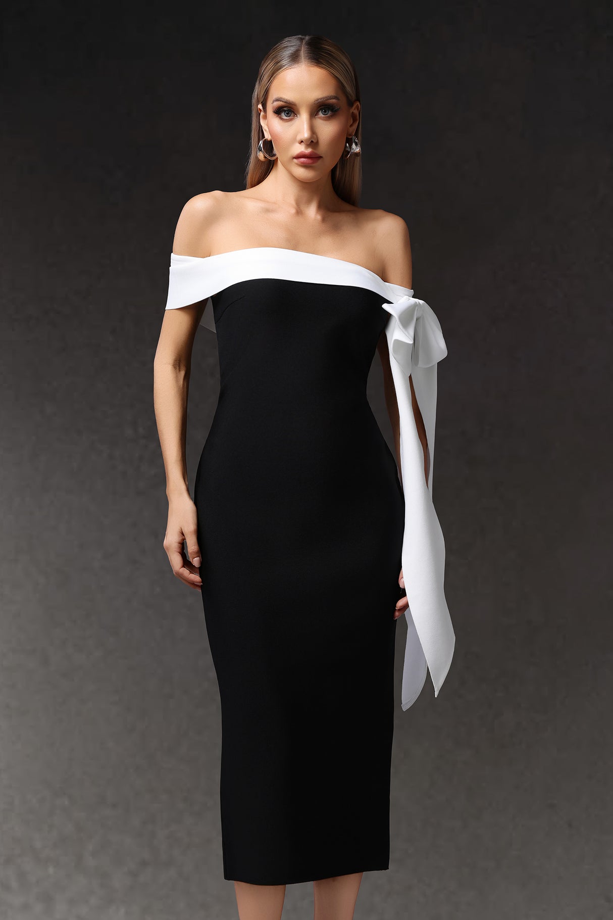 Sara Midi Dress - Sleeveless - Off The Shoulder - Bow Bandage - Sleek Silhouette - Luxurious Fit Feel