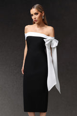 Sara Midi Dress - Sleeveless - Off The Shoulder - Bow Bandage - Sleek Silhouette - Luxurious Fit Feel