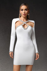 Laura Mini Dress - Hollow Out - Diamond Detailing - Long Sleeves - Unique Neckline - Flattering Fit