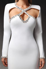 Laura Mini Dress - Hollow Out - Diamond Detailing - Long Sleeves - Unique Neckline - Flattering Fit