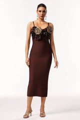 Natalia Midi Dress - Sleeveless V-Neck - Flower Bandage - Feminine Silhouette - Floral Detailing - High-Quality Comfort