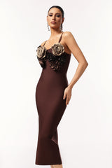 Natalia Midi Dress - Sleeveless V-Neck - Flower Bandage - Feminine Silhouette - Floral Detailing - High-Quality Comfort