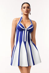 Leilani Mini Dress - Halter Neckline - Bandage Detailing - Flared Skirt - Playful Mini Length - Striking Color Contrast