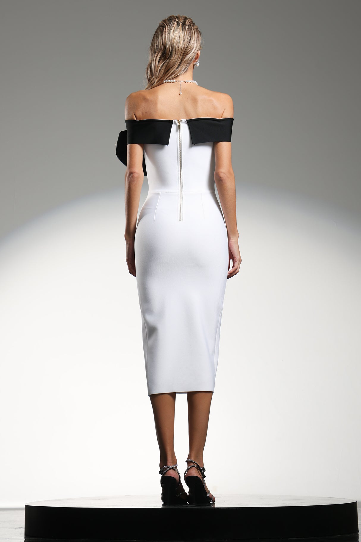 Michelle Midi Dress - Off The Shoulder - Oversized Bow Detail - Fitted Bodice - High Slit - Premium Bandage Material