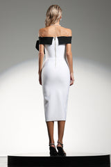Michelle Midi Dress - Off The Shoulder - Oversized Bow Detail - Fitted Bodice - High Slit - Premium Bandage Material