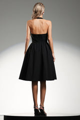 Tinsley Mini Dress - Sleeveless Halter - Deep V-Neckline - Bow Detailing - Flattering Fit - Voluminous Skirt
