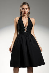 Tinsley Mini Dress - Sleeveless Halter - Deep V-Neckline - Bow Detailing - Flattering Fit - Voluminous Skirt