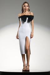 Michelle Midi Dress - Off The Shoulder - Oversized Bow Detail - Fitted Bodice - High Slit - Premium Bandage Material