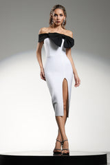 Michelle Midi Dress - Off The Shoulder - Oversized Bow Detail - Fitted Bodice - High Slit - Premium Bandage Material