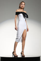 Michelle Midi Dress - Off The Shoulder - Oversized Bow Detail - Fitted Bodice - High Slit - Premium Bandage Material