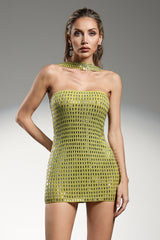 Perlina Mini Dress - Halter Neckline - Sleeveless - Diamond Pattern - Fitted Silhouette - High-Quality Materials