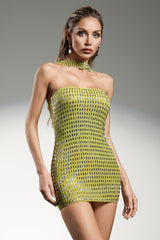 Perlina Mini Dress - Halter Neckline - Sleeveless - Diamond Pattern - Fitted Silhouette - High-Quality Materials