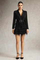Pierina Blazer Mini Dress - Sophisticated Silhouette - Deep V-Neckline - Feather Hem Detail - Belt - Long Sleeves