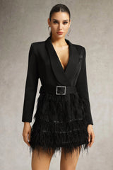 Pierina Blazer Mini Dress - Sophisticated Silhouette - Deep V-Neckline - Feather Hem Detail - Belt - Long Sleeves