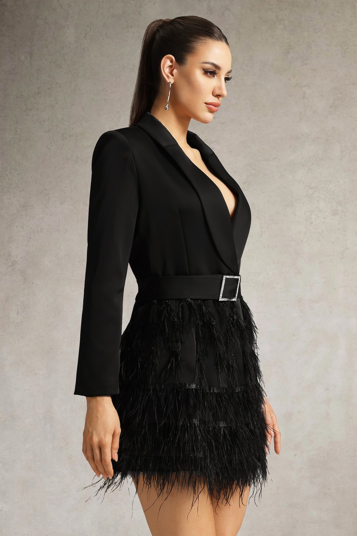 Pierina Blazer Mini Dress - Sophisticated Silhouette - Deep V-Neckline - Feather Hem Detail - Belt - Long Sleeves