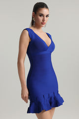Isabella Mini Dress - Form-Fitting Silhouette - Deep V Neckline - High-Quality Bandage Material - Ruffled Hemline - Captivating