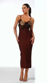 Natalia Midi Dress - Sleeveless V-Neck - Flower Bandage - Feminine Silhouette - Floral Detailing - High-Quality Comfort