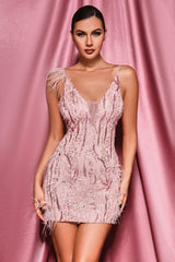 Rosetta Mini Dress - V Neckline - Beaded Detailing - Feather Shoulder - Form-Fitting Silhouette - Versatile Glamour