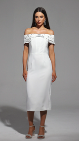 Mariuccia Midi Dress - Off The Shoulder Neckline - Diamond Bandage Detailing - Figure-Hugging Fit
