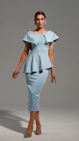 Rosetta Midi Dress - One Shoulder Flounce - Asymmetrical Neckline - Fitted Bodice - Flared Hem - Decorative Buttons