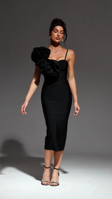 Malia Midi Dress - Asymmetrical - One-Shoulder Neckline - Floral Detailing - Bandage Fabric - Sophisticated Charm