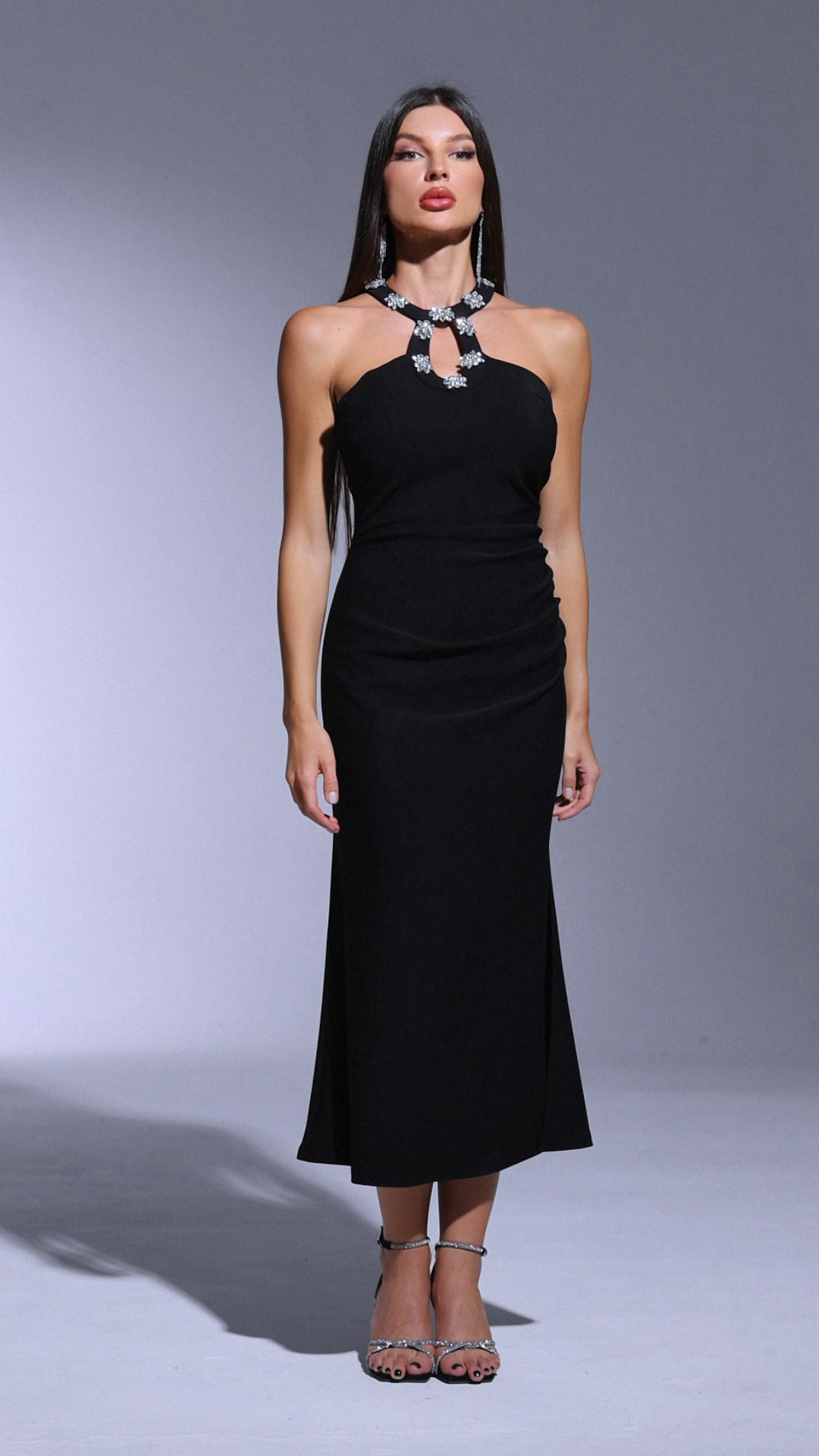 Tecla Midi Dress - Hollow Halter Neckline - Diamond Detailing - High Slit - Soft Stretchy Fabric - Versatile Styling Options