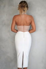 Veronica Midi Dress - Pearl Embellishment - Halter Neckline - Fitted Silhouette - Intricate Detailing - Timeless Appeal