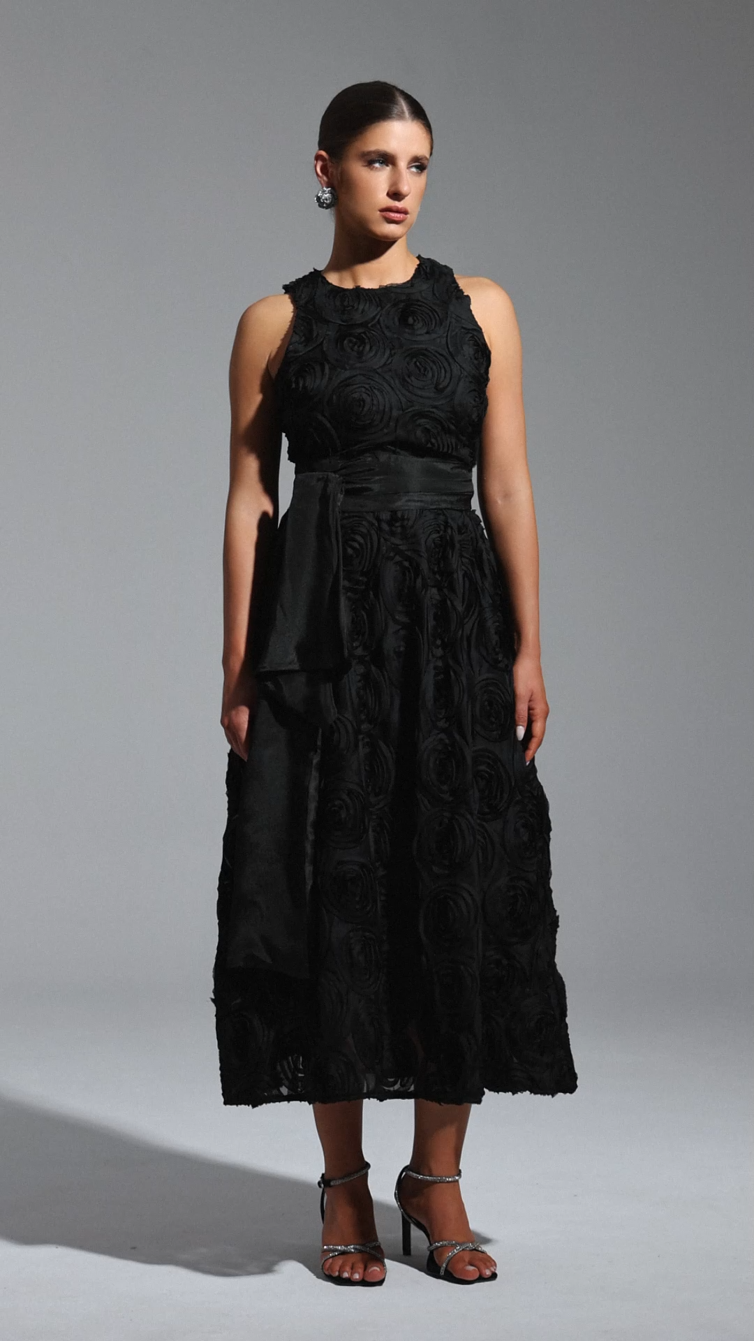 Emilee Midi Dress - Sleeveless Round Neck - Floral Detailing - Fit And Flare Silhouette - Satin Belt - High-Quality Materials