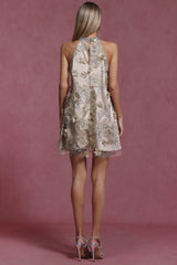 Rose Mini Dress - Halter Neckline - Floral Embroidery - Mini Length - Beaded Accents - Flowy Silhouette