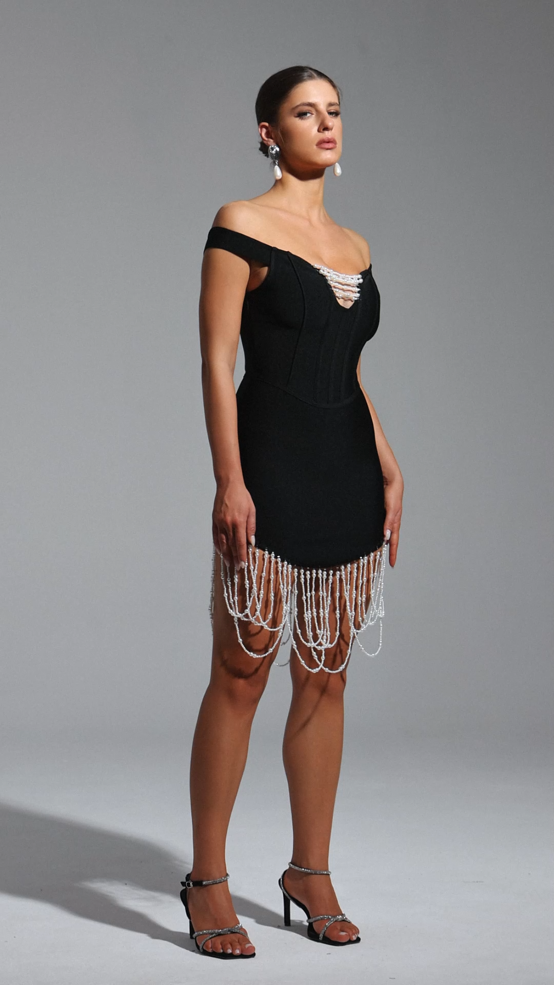 Piera Midi Dress - Fitted Silhouette - Off-The-Shoulder Neckline - Pearl Detailing - Length - High-Quality Materials