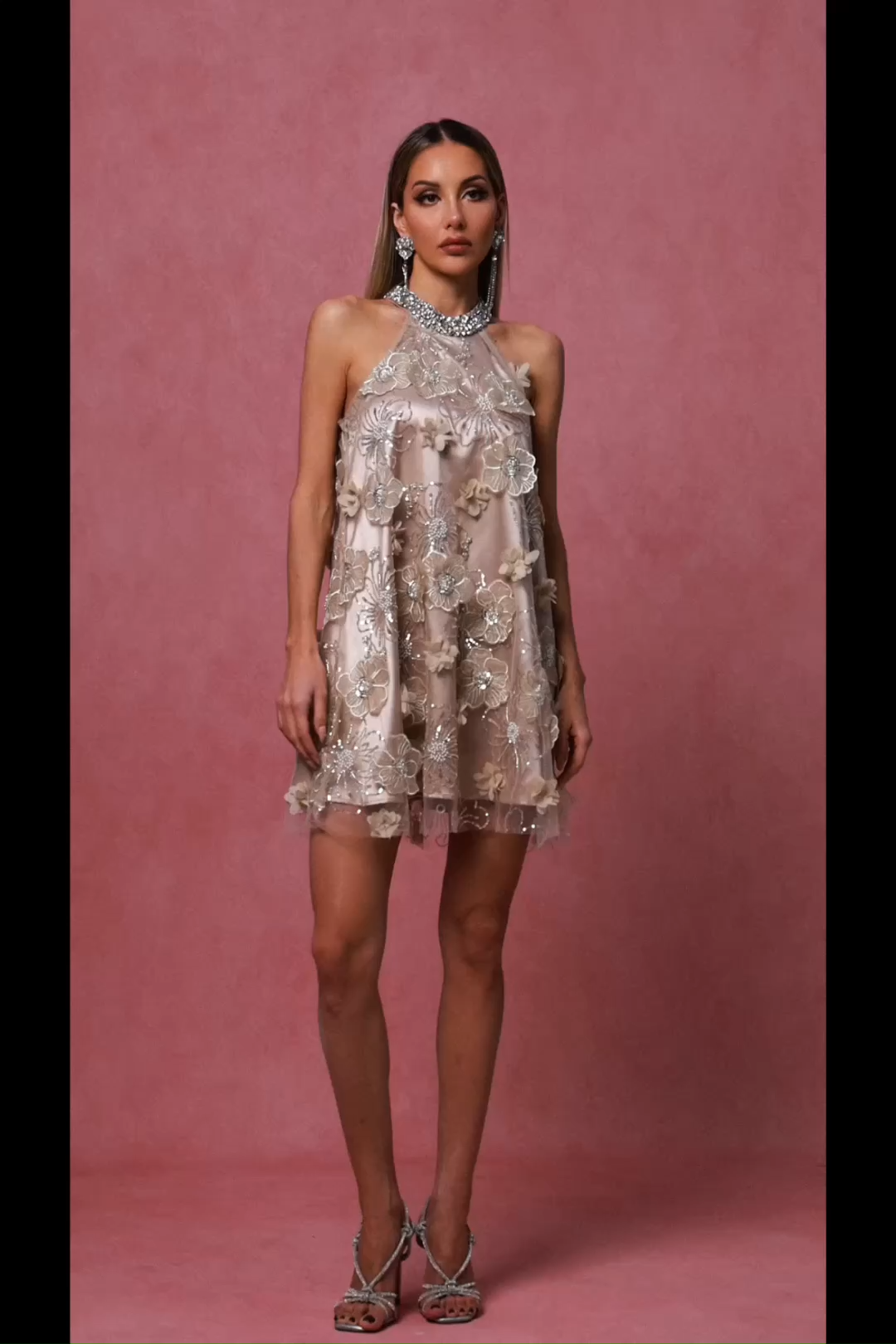 Rose Mini Dress - Halter Neckline - Floral Embroidery - Mini Length - Beaded Accents - Flowy Silhouette