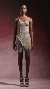 Rowan Mini Dress - Sleeveless Silhouette - V-Neckline - Diamond Detailing - Flowing Tassels - Luxurious Fabric