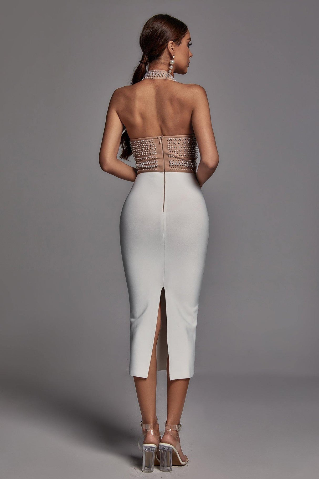 Hope Midi Dress - Halter Neckline - Pearl Detailing - Body-Hugging Fit - Sleek Silhouette - Statement Piece