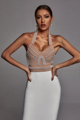 Hope Midi Dress - Halter Neckline - Pearl Detailing - Body-Hugging Fit - Sleek Silhouette - Statement Piece