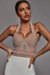 Hope Midi Dress - Halter Neckline - Pearl Detailing - Body-Hugging Fit - Sleek Silhouette - Statement Piece
