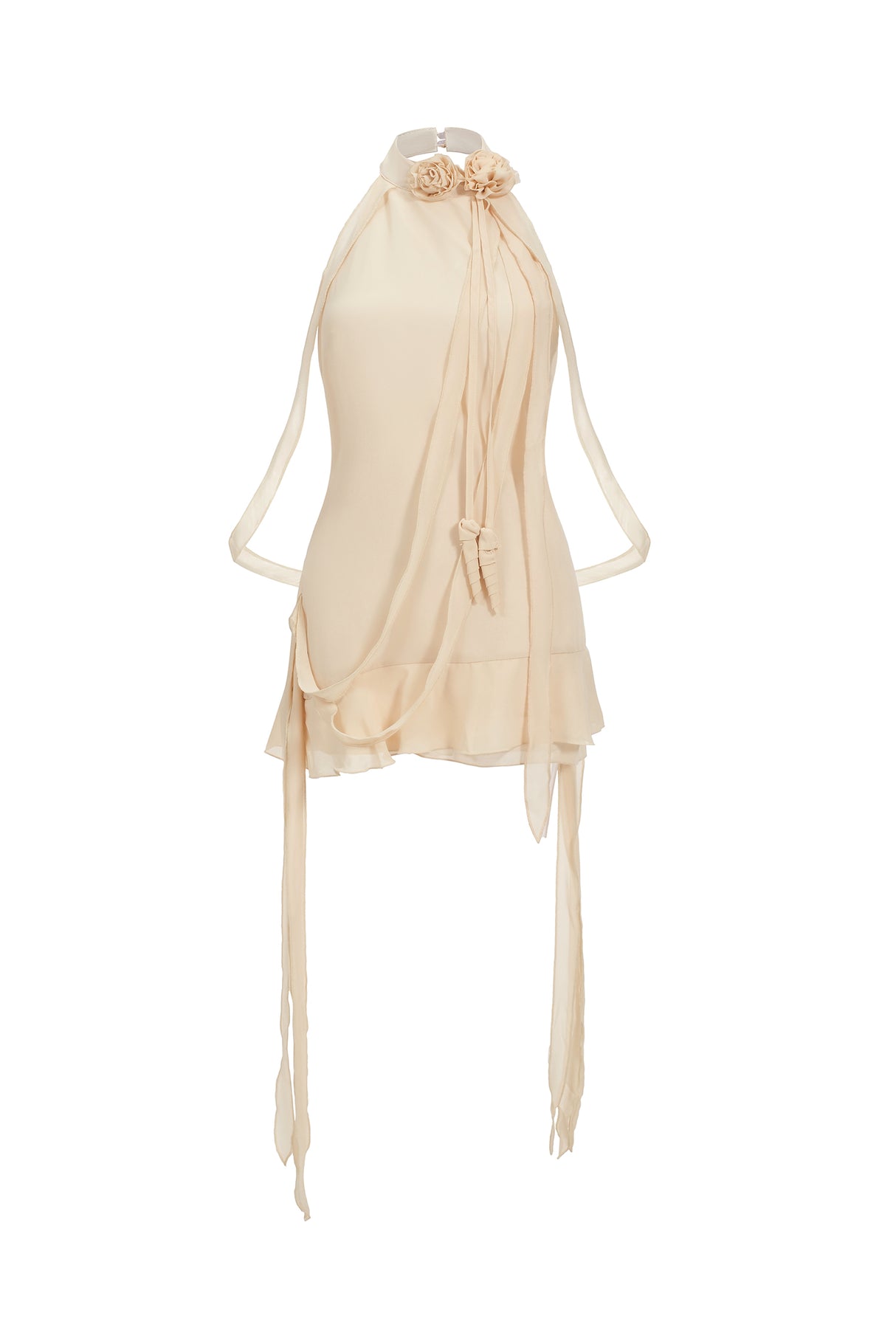 Priscilla Mini Dress - Halter Neckline - Floral Embellishments - Flowing Ribbons - Layered Hemline - Lightweight Fabric