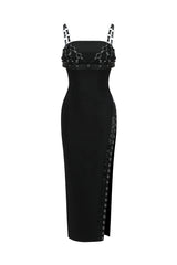 Sonia Midi Dress - High Slit - Weaved Detailing - Form-Fitting Silhouette - Adjustable Straps - Bold