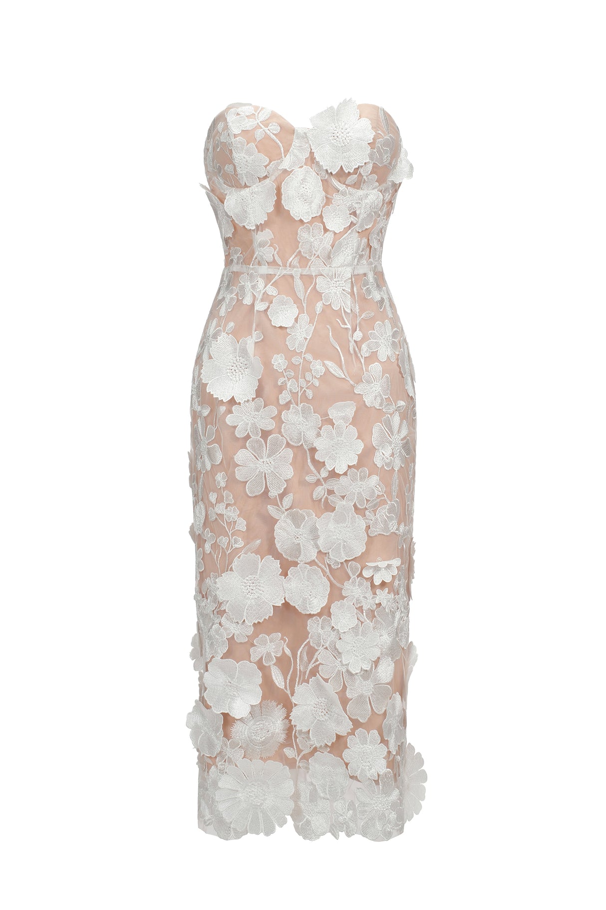 Miranda Midi Dress - Oval Lace Overlay - Strapless Neckline - Floral Detailing - Fitted Silhouette - Sophisticated Midi Length