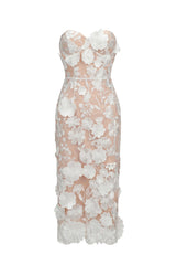 Miranda Midi Dress - Oval Lace Overlay - Strapless Neckline - Floral Detailing - Fitted Silhouette - Sophisticated Midi Length