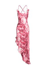 Jazlyn Midi Dress - Floral Print - Ruffled Skew - Asymmetrical Hemline - Spaghetti Straps - Lightweight Fabric