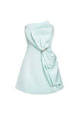 Miriam Mini Dress - Asymmetric Neckline - Draped - Diamante Bow Waist - Fitted Bodice - Playful Mini Skirt