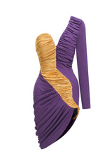 Kendra Knitted Mini Dress - Patchwork - Asymmetrical Silhouette - One-Shoulder Neckline - Ruched Detailing
