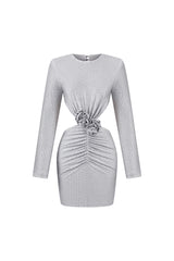 Yvette Mini Dress - Long Sleeves - Flowers Hollow Backless - Diamond Accents - Waist Knot