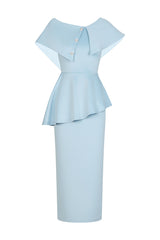 Rosetta Midi Dress - One Shoulder Flounce - Asymmetrical Neckline - Fitted Bodice - Flared Hem - Decorative Buttons