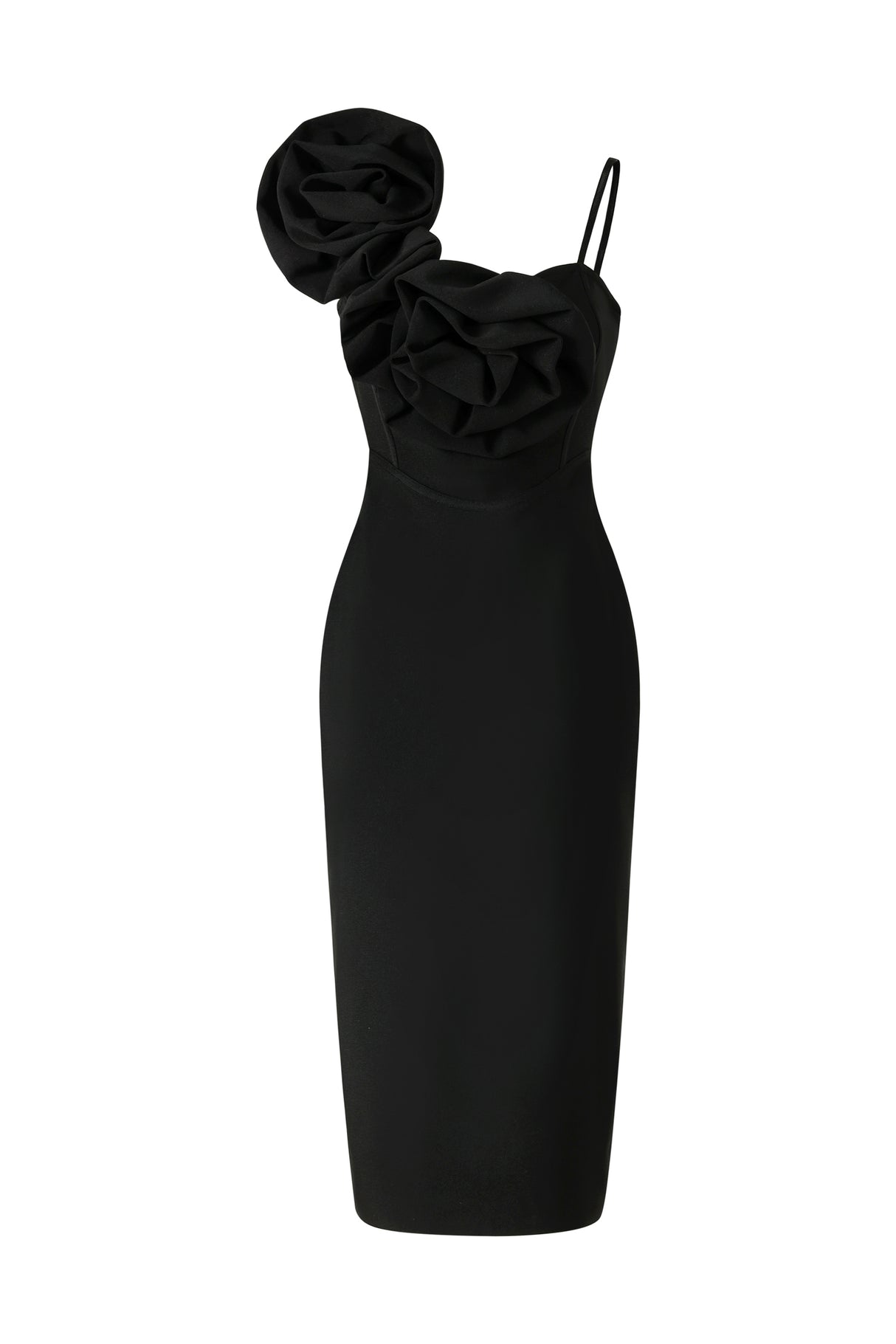 Malia Midi Dress - Asymmetrical - One-Shoulder Neckline - Floral Detailing - Bandage Fabric - Sophisticated Charm