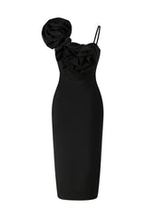 Malia Midi Dress - Asymmetrical - One-Shoulder Neckline - Floral Detailing - Bandage Fabric - Sophisticated Charm
