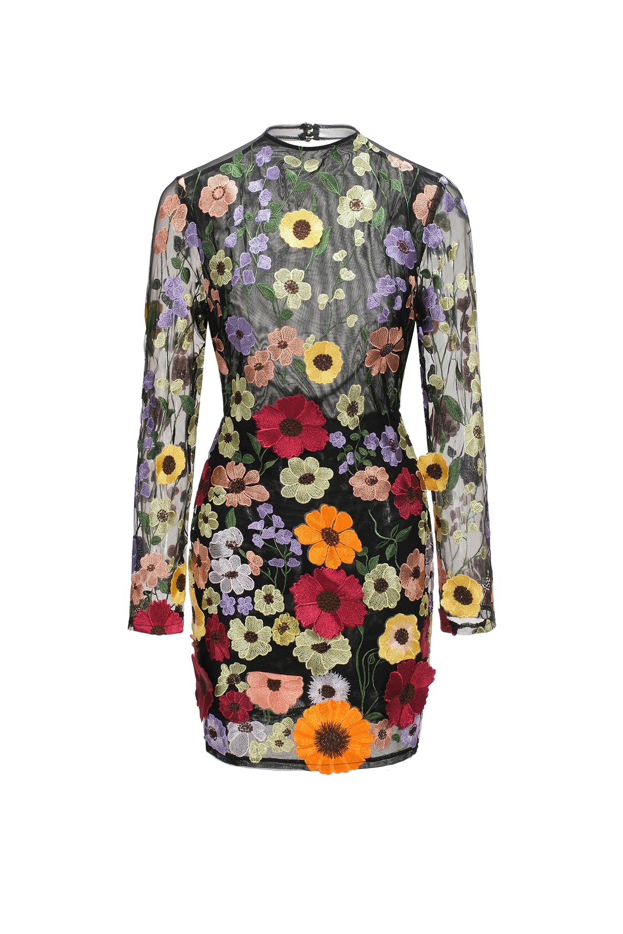 Roberta Mini Dress - Long Sleeve - Flowers Backless - Floral Embroidery - Fitted Silhouette - Versatile